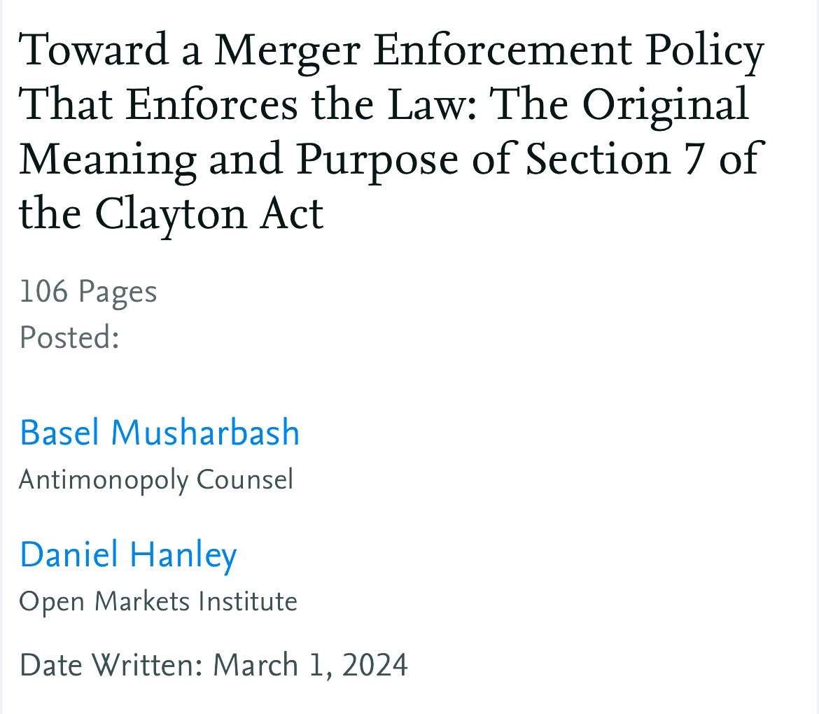 🍾 I’ve got a new paper out, y’all! 🍾 For two years, @danielahanley and I have worked to interpret the antitrust law that restricts corporate mergers—the Anti-Merger Act of 1950—like a normal statute. Last month, we finally got the job done 🎊 A 🧵 about what we found👌🏽