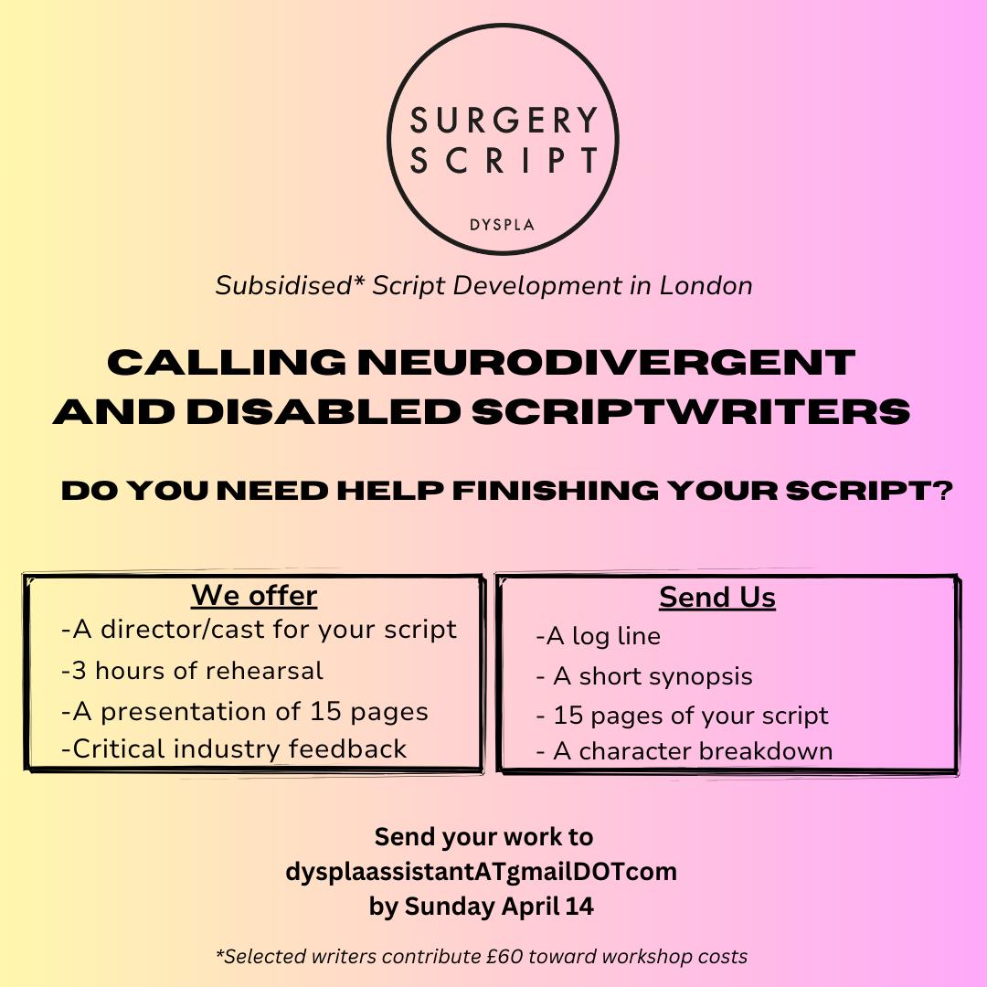 #scriptdevelopment #london #neurodivergence #Neurodivergentwriters #storymakers #screenwriting #story #draft #script #film #theatre #newwriting RT 🙏🏼@_CFTA @_filmpro @AAA_Prods @ADHDFoundation @bbcwritersroom @bfinetwork @CRIPticArts @DAC_Enfield @disabilityarts @DisArtAlliance