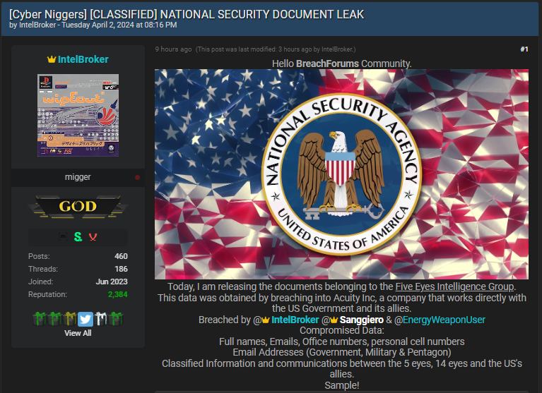 H4ckmanac's tweet photo. #DataBreach Alert ⚠️

🇺🇸#USA: Alleged Acuity Inc breach leads to leak of sensitive Five Eyes Intelligence Group (FVEY) documents.

The threat actor group consisting of IntelBroker, Sanggiero, and EnergyWeaponUser claims to have breached Acuity Inc, a federal tech consulting firm, and to have exfiltrated and leaked sensitive documents belonging to the Five Eyes.

The Five Eyes (FVEY) is an Anglosphere intelligence alliance comprising Australia, Canada, New Zealand, the United Kingdom, and the United States.

The data allegedly compromised includes: 

"Full names, Emails, Office numbers, personal cell numbers, Email Addresses (Government, Military & Pentagon), Classified Information and communications between the 5 eyes, 14 eyes, and the US's."

The confirmation or denial of these claims has yet to be verified.

#DataLeak