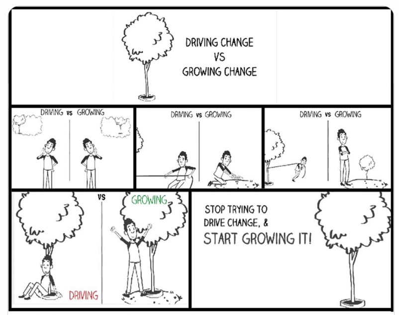 There's a myth that 'change has to start at the top'. Change doesn't come from top-down or bottom up. Change can come from anywhere. It emanates from the centre of networks. We get to the centre through small groups, loosely connected & uniting them with a shared purpose. It is