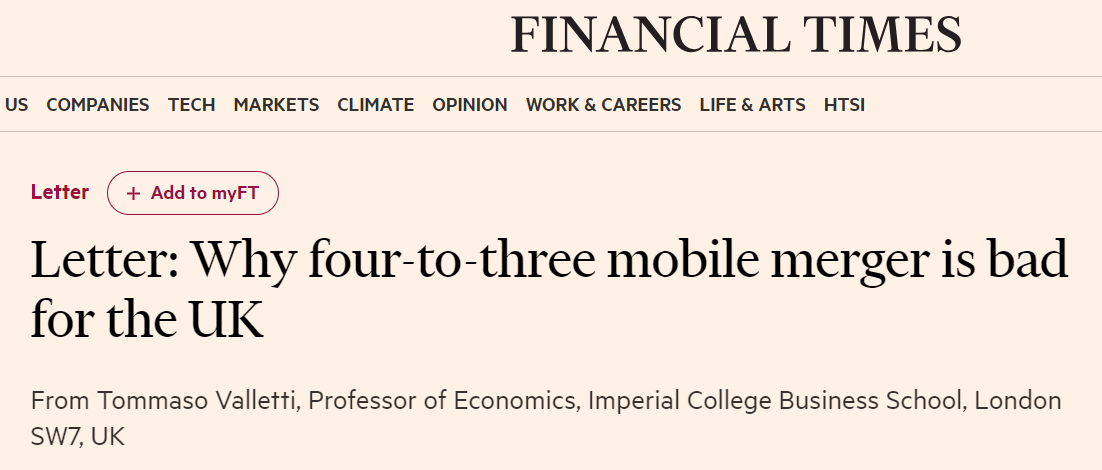 I wrote a short letter in the @FT on the proposed UK mobile merger. The merger will not work for UK consumers or for the UK economy. 👇 on.ft.com/3U23btn