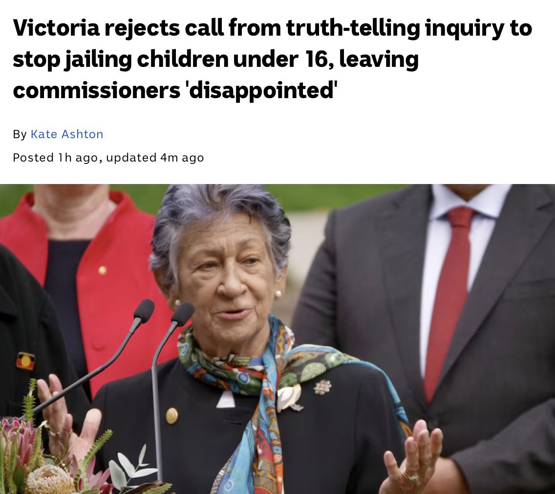 Victoria rejects call from truth-telling inquiry to stop jailing children under 16, leaving commissioners 'disappointed' And has so far offered its full support to just four of 46 recommendations proposed by the inquiry abc.net.au/news/2024-04-0… via @ABCaustralia
