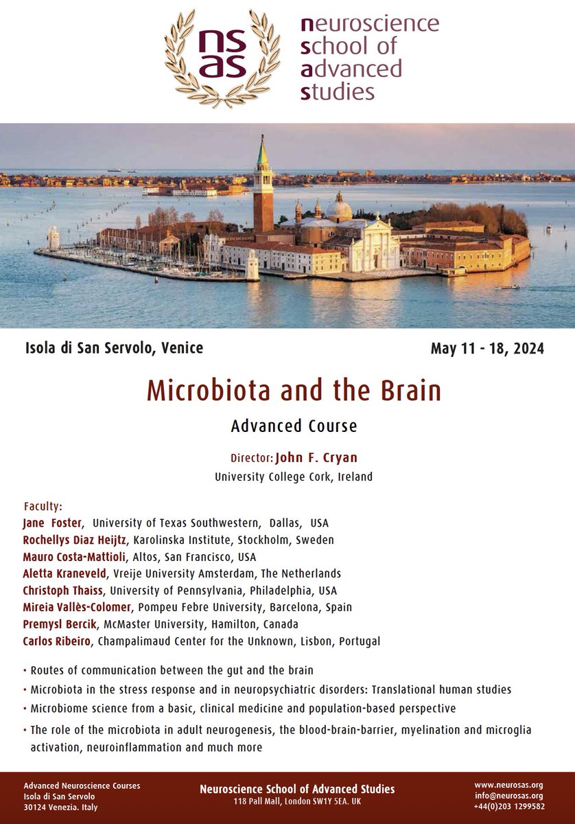 Last few slots are now made available for the biennial Neuroscience School of Advanced Studies on 'Microbiota🦠 & the Brain 🧠' in wonderful Venice. All levels welcome from PhD student to Full Professor #NSASMicrobiota2024 @NeuroscienceSAS