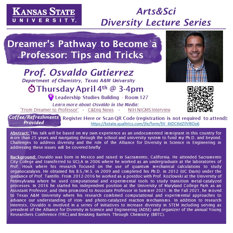 PowerCatLab's tweet image. Excited to host 𝗢𝘀𝘃𝗮𝗹𝗱𝗼 𝗚𝘂𝘁𝗶𝗲𝗿𝗿𝗲𝘇 @KStateChemistry.  After the science, we&apos;ll have an inspiring session- Join us about on 𝐓𝐡𝐫 𝐀𝐩𝐫𝐢𝐥 𝟒𝐭𝐡 @ 𝟑𝐩𝐦- 
See Details below *Registration is encouraged but not required***
kstate.qualtrics.com/jfe/form/SV_6t…