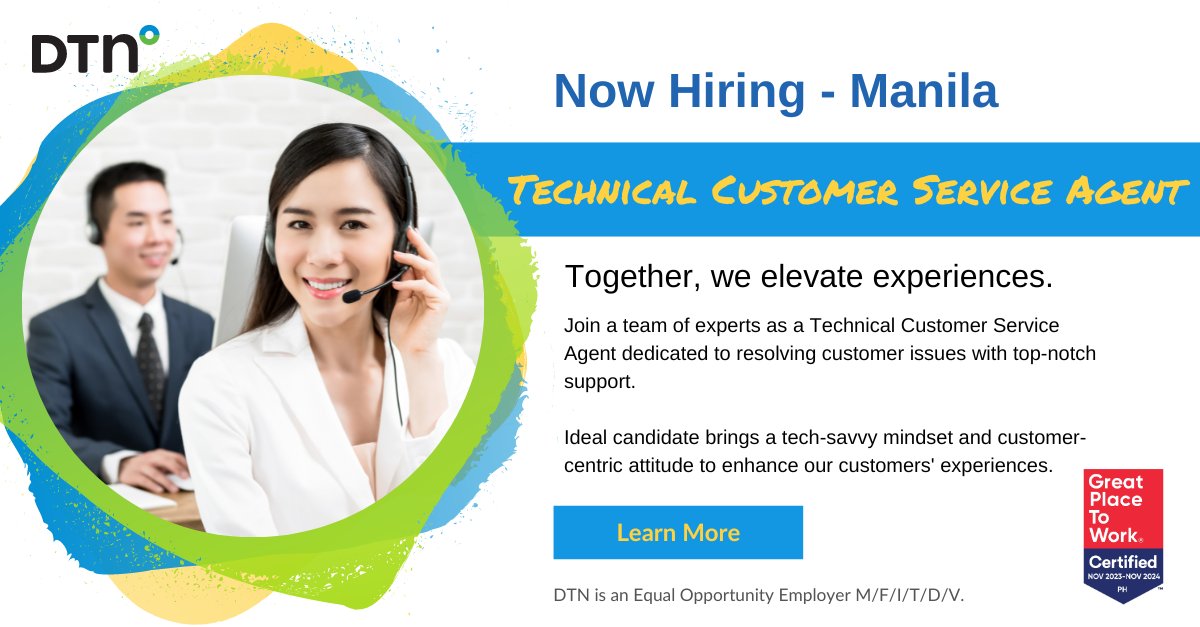 We have an opening for a Technical #CustomerService Agent in #Manila. Use technical skills & customer-centric mindset to provide top-notch support to valued customers: dtn.link/8l4y4o 

#WorkHereWednesday #WeAreHiring #NowHiring #JoinTheTeam #Manilajobs #PhilippinesJobs