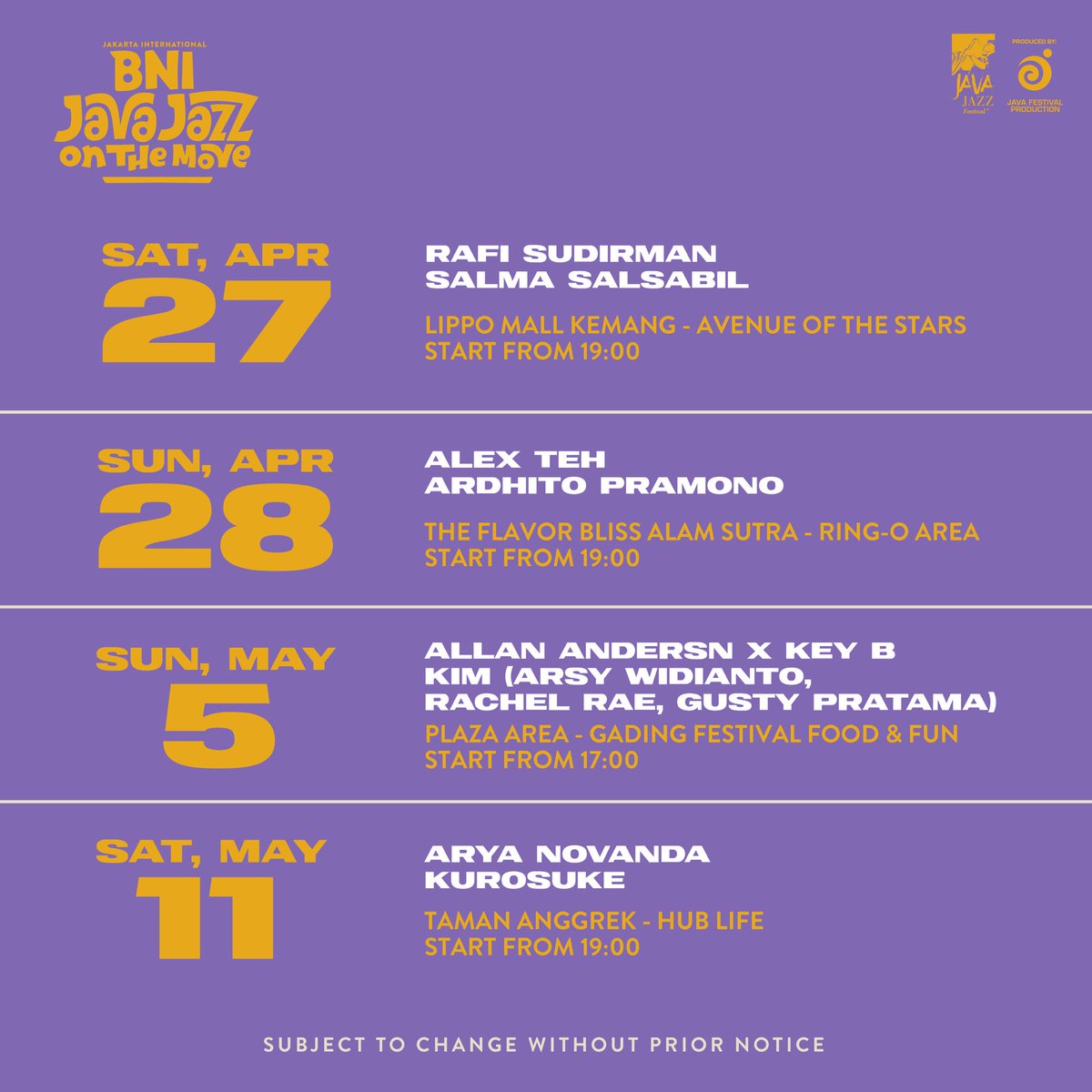 Get in on the pre-festival action at The Jakarta International BNI Java Jazz On the Move before the festival even begins! Get your hands on some special #BNIJJF2024 tickets and witness your favorite artists perform live.