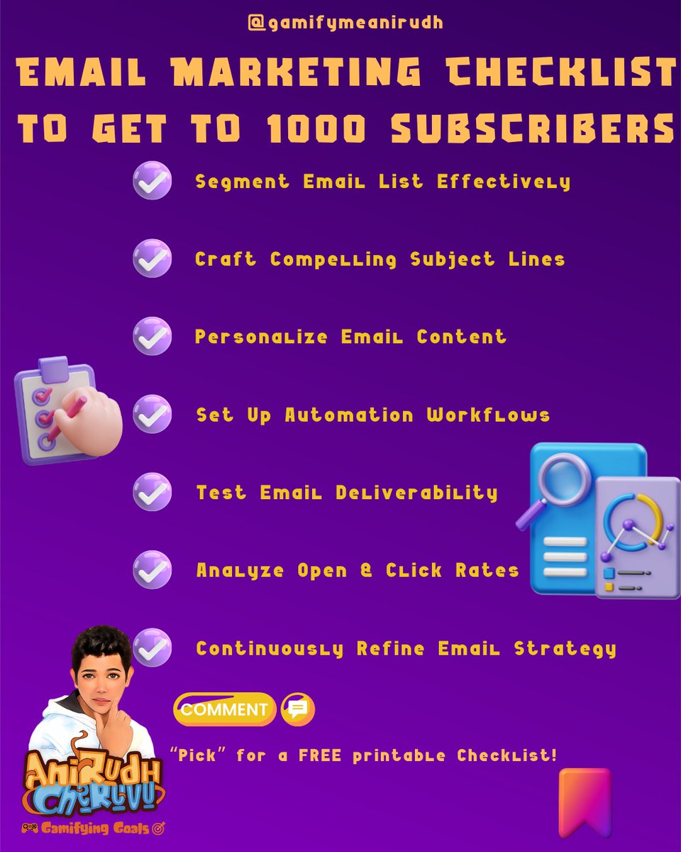 💌 Wondering how to skyrocket your subscriber count? 
🚀 Dive into my email marketing checklist to get to 1000 subscribers!  

📈 #EmailMarketing #SubscriberGrowth #DigitalMarketingTips #MarketingStrategy #EmailListBuilding #MarketingHacks #SmallBusinessTips #InfluencerMarketing