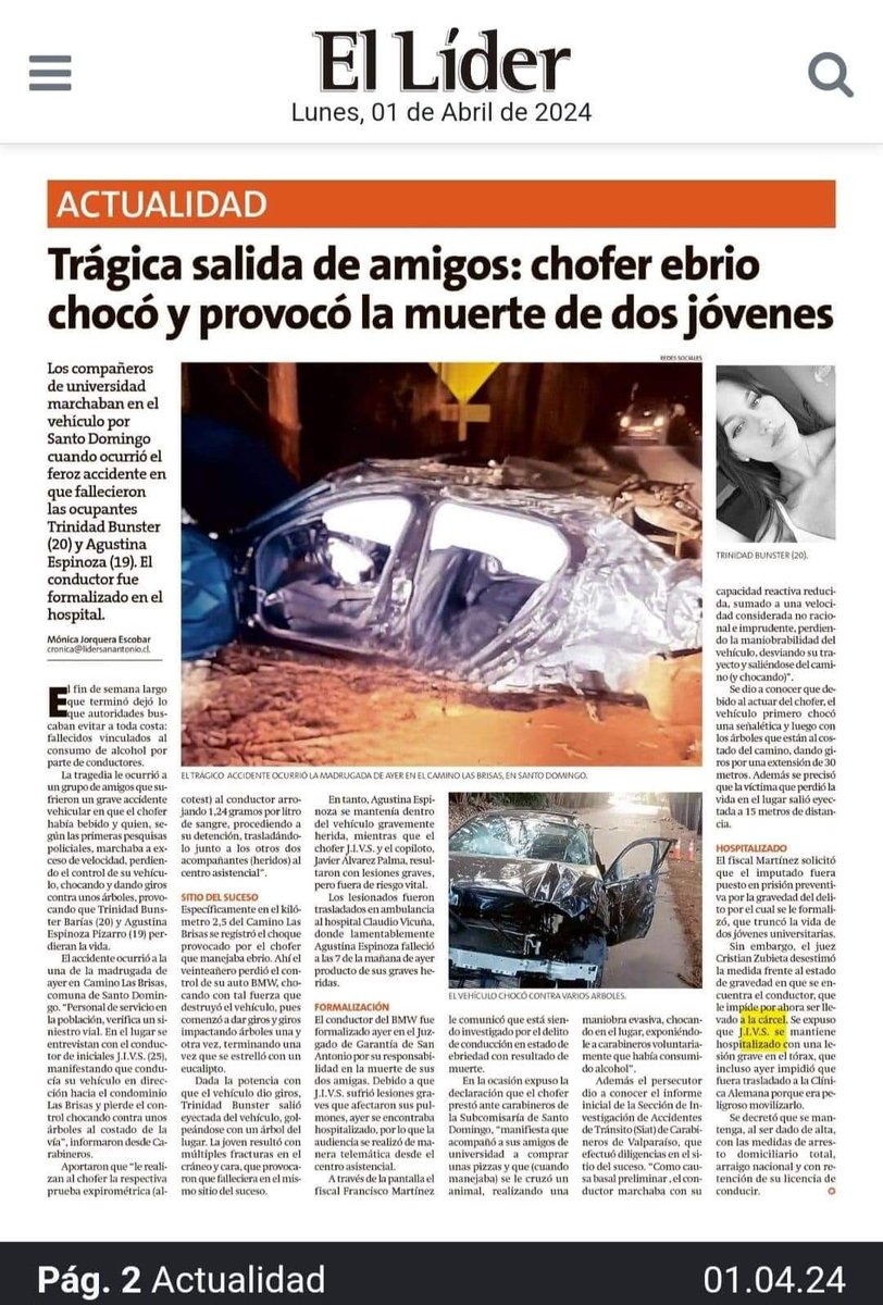 w3maan's tweet photo. El fin de semana fallecieron 2 chicas en un accidente, los noticiarios hasta fotos de ellas han publicado, pero del irresponsable que iba curado NADA!
JOSE IGNACIO VENTURINO, MAYOR DE EDAD, SIENDO ENCUBIERTO POR SU FAMILIA 
Justicia para Trinidad y Agustina!!!

#Chile https://t.co/jyR2OqnhsL