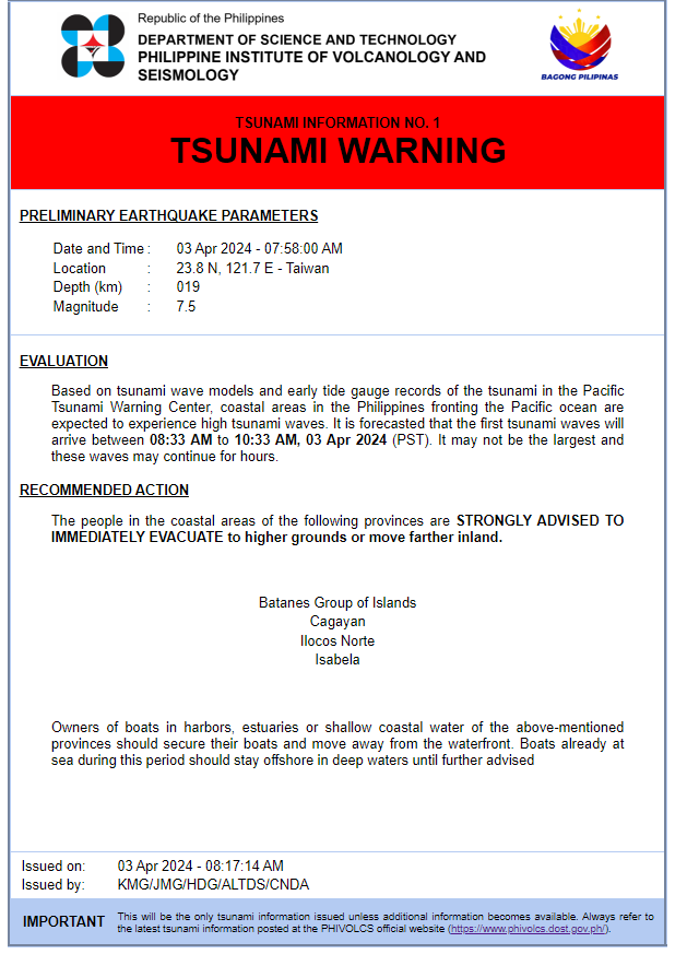 BREAKING: The Philippine Institute of Volcanology and Seismology (Phivolcs) on Wednesday (April 3, 2024) raises a tsunami warning in some coastal areas in the country, following the magnitude 7.5 earthquake that jolted Taiwan at around 7:58 a.m.