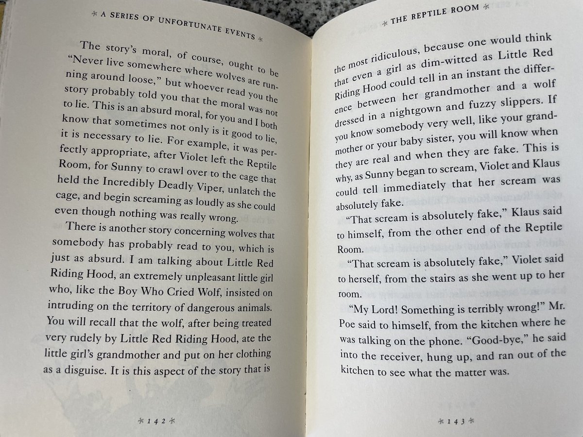EamonHartnett's tweet photo. Oh man, 1999 Lemony Snicket really went to town on the Boy Who Cried Wolf and Little Red Riding Hood. https://t.co/zZPJwe6dv1