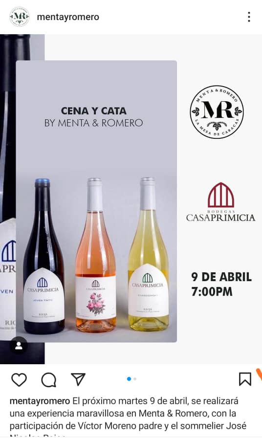 Este martes 9 de abril a las 7 pm en Menta y Romero , estaremos con una rica cena y vinos de La Rioja