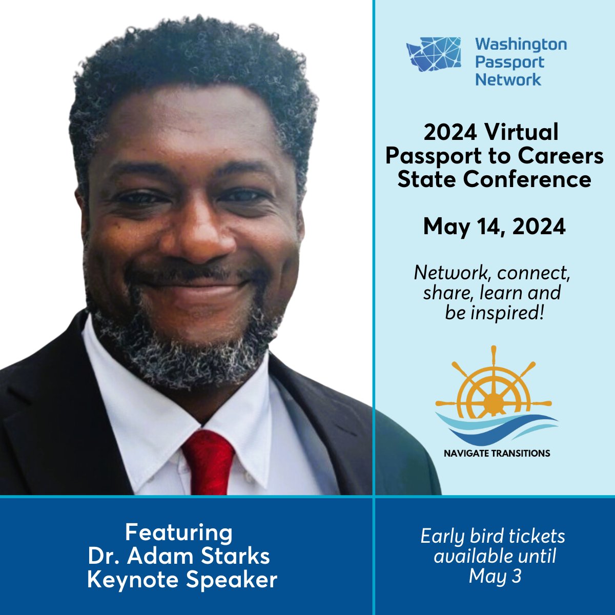 We are delighted to announce the Passport to Careers State Conference keynote speaker, Dr. Adam Starks. Purchase your ticket to this year's virtual conference: bit.ly/43kD5oy