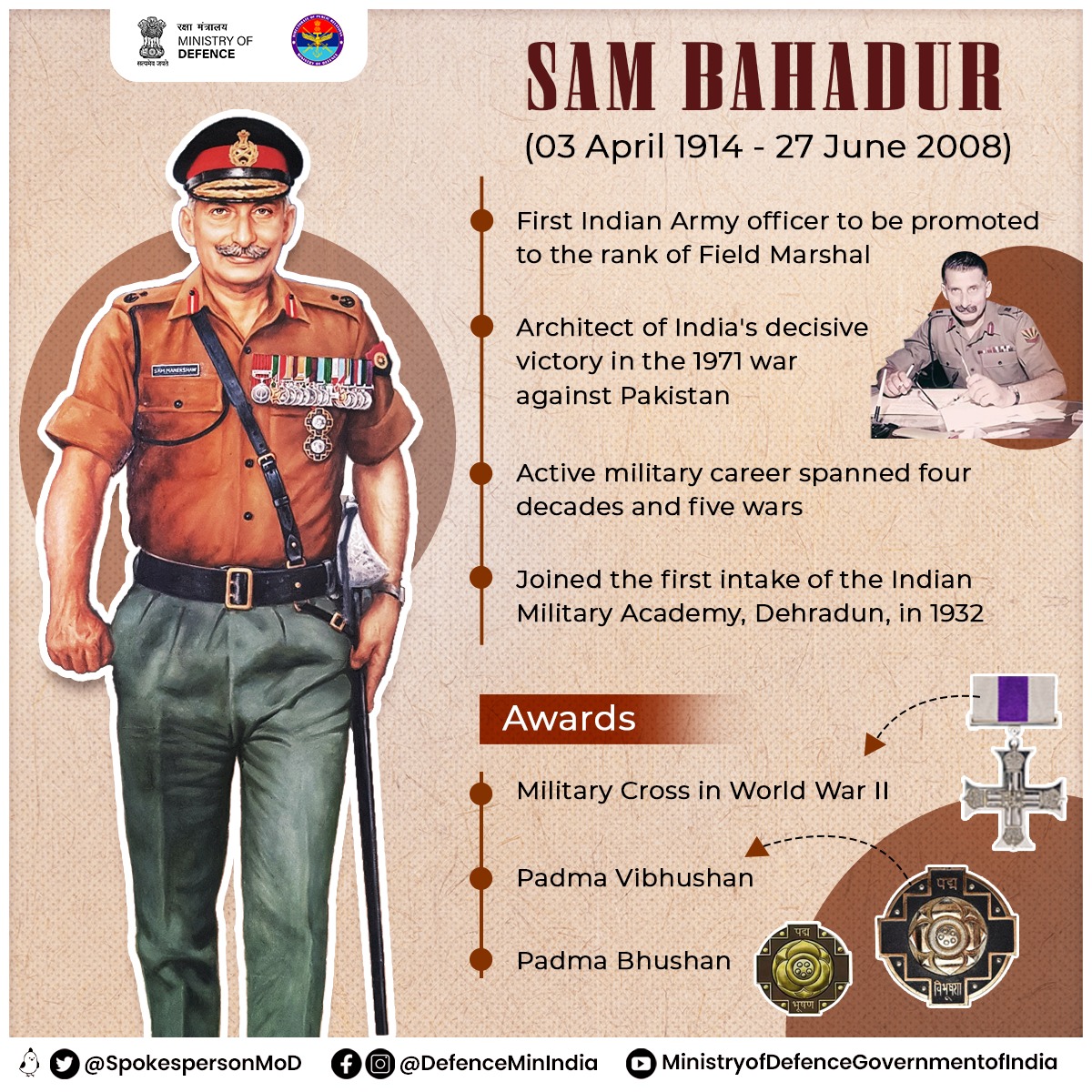 Remembering one of the greatest military leaders & Soldiers' General Field Marshal SHFJ Manekshaw on his 110th birth anniversary. Popularly known as Sam Bahadur, he was the architect of India’s decisive victory in the 1971 War against Pakistan. @rajnathsingh @giridhararamane