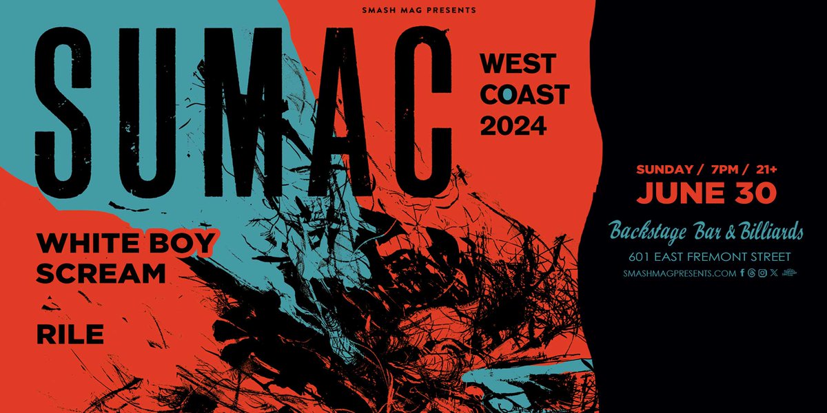 JUST ANNOUNCED!!

<a href="/SUMACband/">SUMAC band</a>
with White Boy Scream <a href="/micaela__tobin/">WHITE BOY SCREAM</a> and Rile

June 30
7pm 21+
at <a href="/BackstageBarLV/">Backstage Bar & Billiards</a> 

Tix 👉: seetickets.us/sumac

#Vegas #Concert #DTLV #livemusic