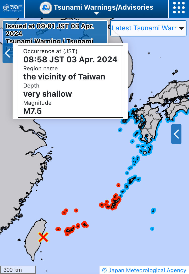 #Breaking - 7.5M earthquake in Taiwan has prompted a tsunami warning in southern Japan.