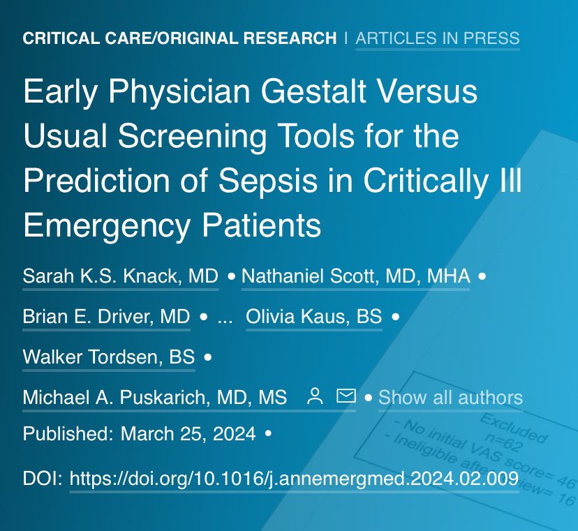 Physician gestalt outperforms sepsis screening methods in the ED. More great research from @hcmcEM Kudos lead author Dr. Knack and others of our outstanding faculty. #sepsis #emergencymedicine annemergmed.com/article/S0196-…