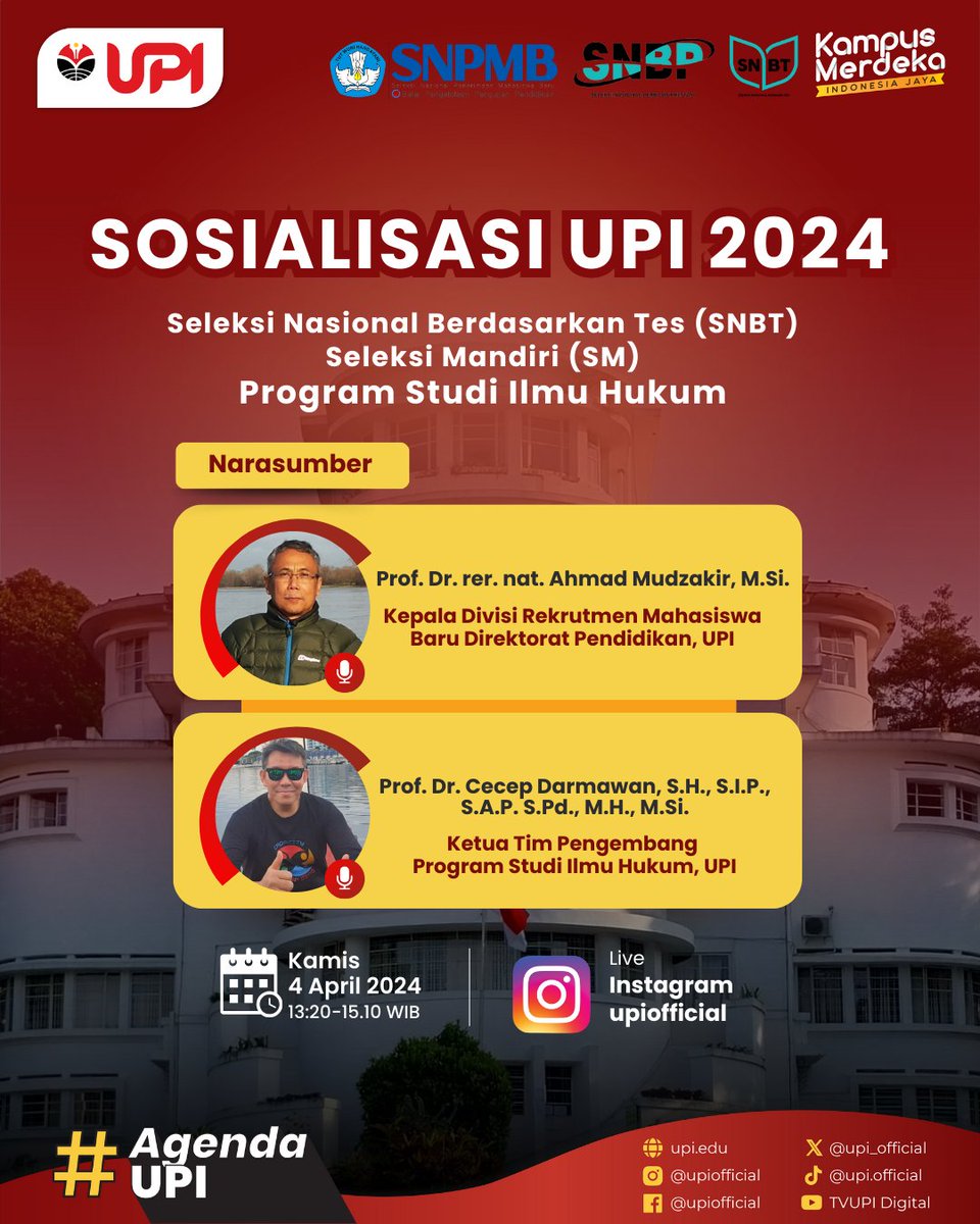 Sosialisasi UPI 2024 sebagai program diseminasi/perluasan informasi tentang UPI kepada Masyarakat.

Kegiatan ini akan diadakan pada tanggal 4 April 2024 secara live di Instagram upiofficial pukul 13:20-15:10 WIB.

#AgendaUPI #SNPMBUPI  #SNBPUPI2024 #PelopordanUnggul