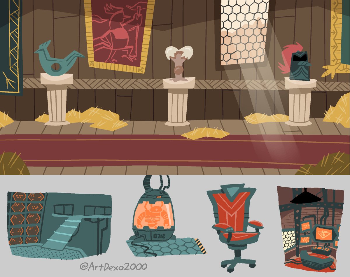 Poll results are in! Gonna make some new 'Villain's lair' concept art soon! But first, I'll show you some old concepts for said lair. Since my villain, Dr. Klaxon, is a rooster, I thought it would make sense to include farm and chicken coop motifs in the design of his home/HQ.