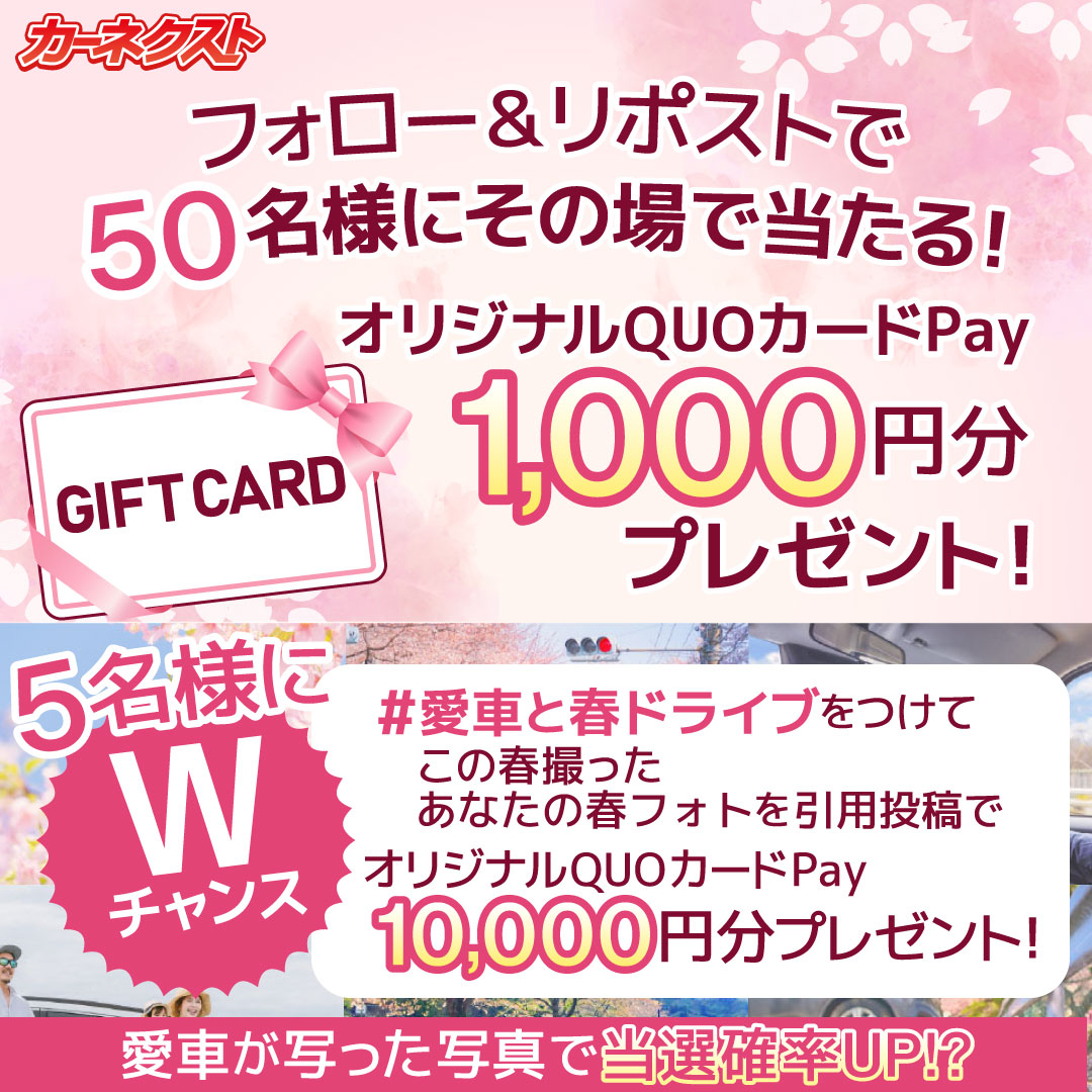 毎日参加OK🌸 その場で当たる #キャンペーン 8日目🚗 @CARNEXT_JP をフォロー＆ この投稿を4/18 6:59迄にリポストで オリジナルQUOカードPay1,000円分を 5⃣0⃣名様に🎁当選者にはDM📩 ＼みんなの春を教えて🌸／ Wチャンス！#愛車と春ドライブ を付けて引用投稿で10,000円分が当たる🎯詳細は👇