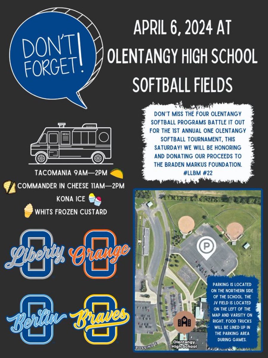 orangesball's tweet photo. No matter who you are cheering for, come join us as we fight together in our first annual One Olentangy Softball Weekend. 

🗓️ Saturday 
📍Olentangy High School
🍴Food Trucks 🌮🧀🍧🍦

Help us in raising money for the Braden Markus Foundation! https://t.co/WakKGkhtcU