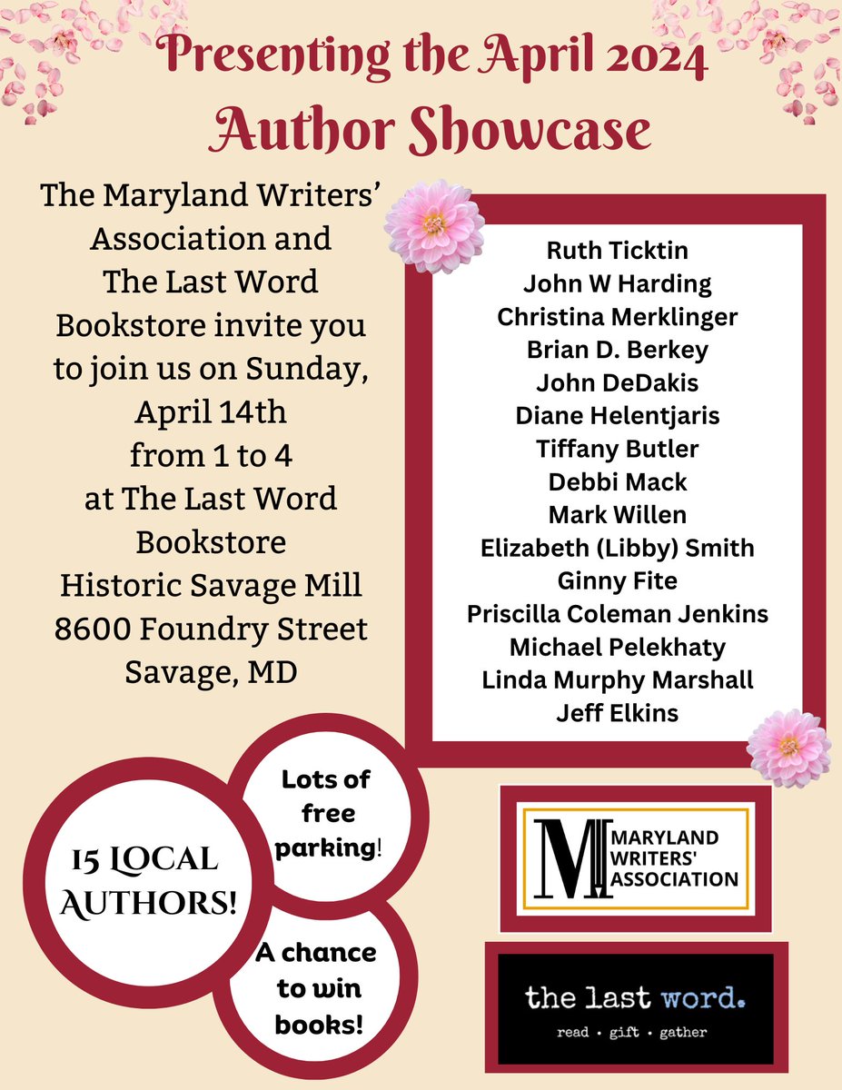 MarylandWriters's tweet photo. SPREAD THE WORD! The #AuthorShowcase is Sunday, April 14, 2024, 1pm - 4pm at The Last Word Bookstore, Historic Savage Mill, 8600 Foundry St., Savage, MD. Co-sponsored by #MarylandWriters Association & The Last Word Bookstore. https://t.co/oN6F0guhLa https://t.co/pMWYyf4c0E
