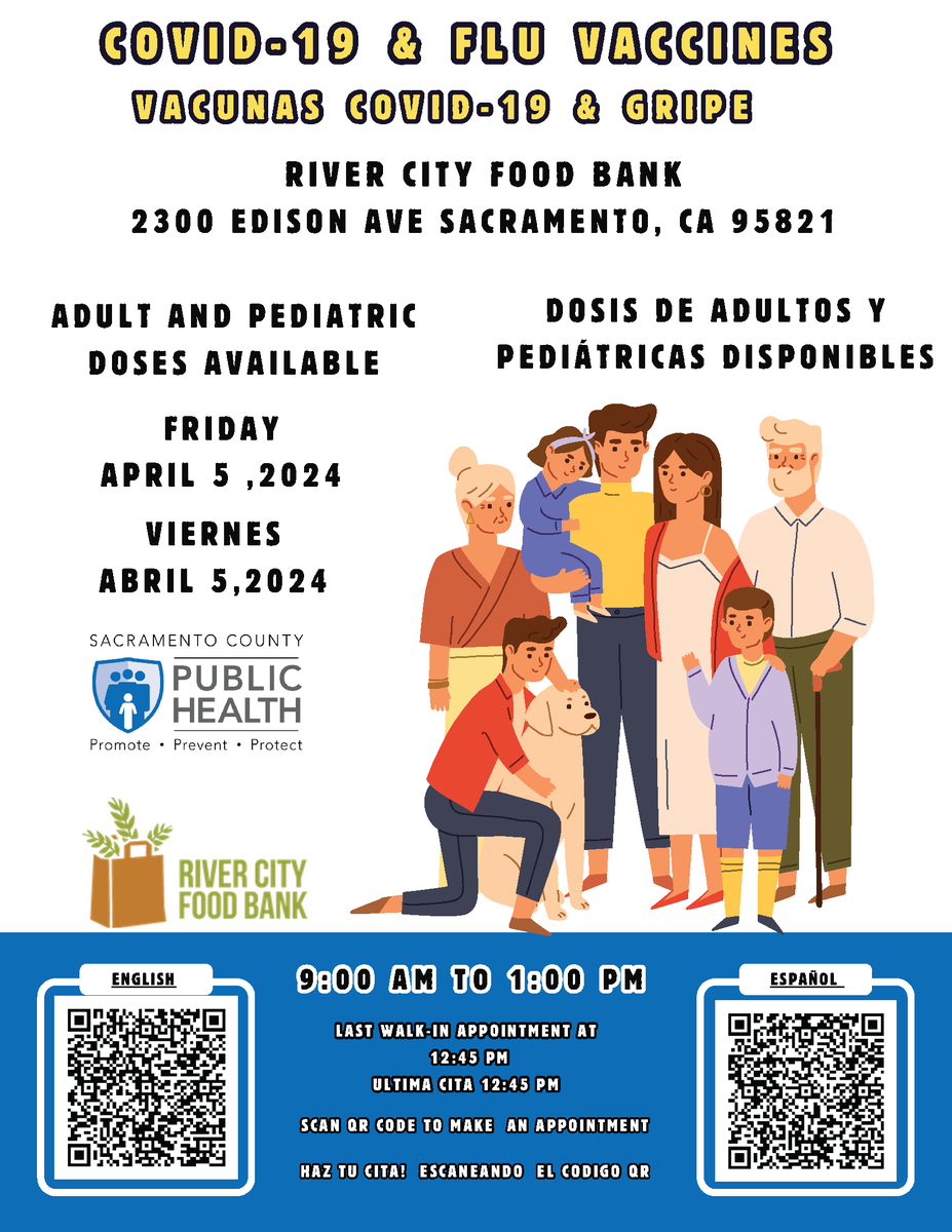 🏥 Vaccine Clinic Announcement!

📅 Date: Friday, April 5
🕘 Time: 9:00 am - 1:00 pm
📍 Address: 2300 Edison Ave. Sacramento

Protect yourself and your community while picking up groceries. Vaccines provided by Sacramento County of Public Health.

#vaccines #rivercityfoodbank