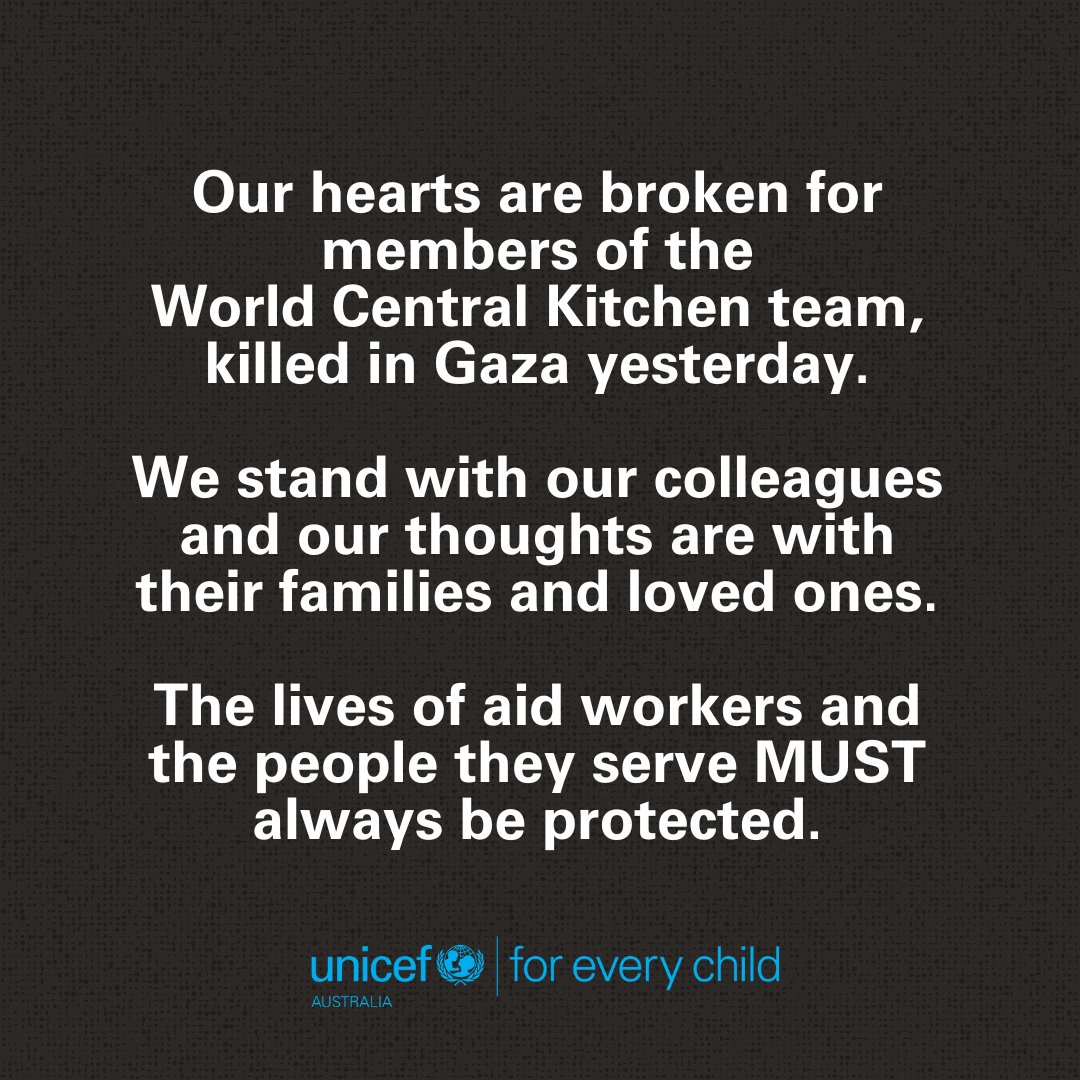 Our hearts are broken for the members of the World Central Kitchen team, killed while working to bring food to starving children and families in Gaza. The lives of aid workers and the people they serve MUST always be protected.