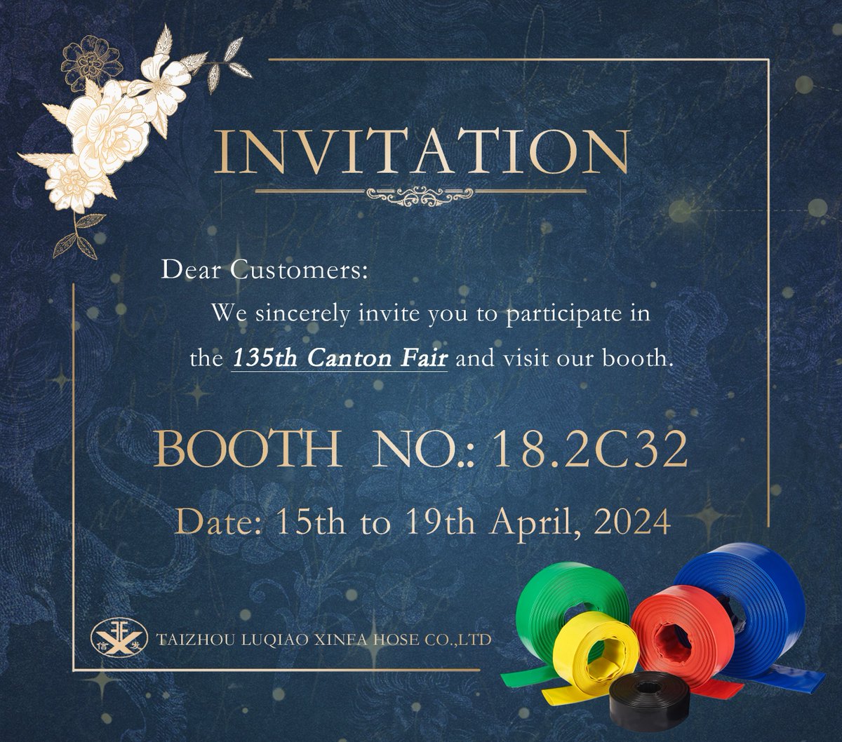 AnnWang1011835's tweet image. Dear customers,
Our Xinfa Hose CO.,LTD  will participate in the first phase of the 135th Canton Fair, which officially starts on April 15th. We sincerely look forward to your visit. Our booth number is 18.2C32📷📷
#pvchose #layflathose #waterhose #pumphose #cantonfair