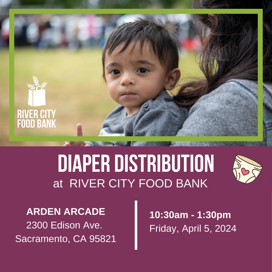 RCFB will host a diaper distribution today, Fri., Apr. 5, 2024. Families are invited to pick up groceries &amp; diapers for their little ones!
Where: 2300 Edison Ave. Sacramento
Thanks to our partnership with @sacfoodank Diaper Program, RCFB can offer diapers to families in need!