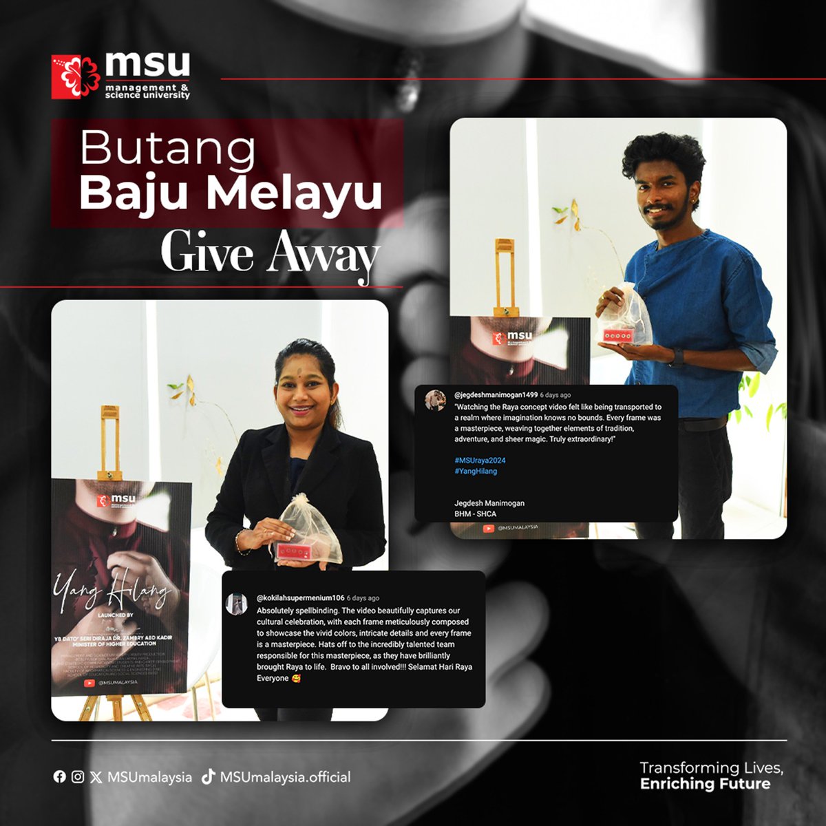 Congratulations to all lucky commenters of the #MSUmalaysia Hari Raya short film 'Yang Hilang' for winning yourselves a Baju Melayu button set. Watch this space for upcoming contests. #MSUmalaysia  #MSU1D1K  #MSURaya2024 #YangHilang