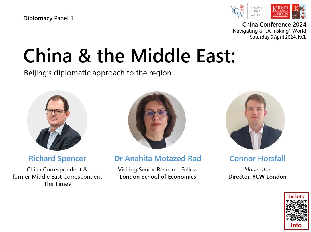 YCW CHINA CONFERENCE🌎 Who are China’s allies in the Middle East? What does China hope to achieve in the region - and will it? Join @RichardJSpencer, @motazedanahita & @ConnorHorsfall this Saturday at KCL to find out. Sign up here: eventbrite.co.uk/e/the-7th-ycw-…