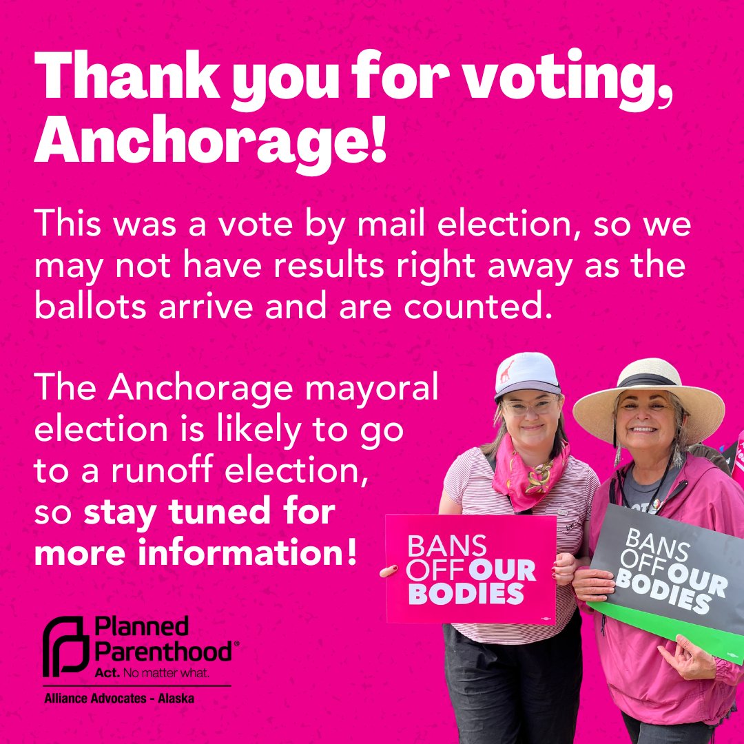 Since this was a vote by mail election, we can expect to wait for results while ballots are being counted. Under #Anchorage code if no candidate for mayor receives over 45% of the vote, the top two vote-getters will go to a runoff election. Stay tuned for more info! #akelect