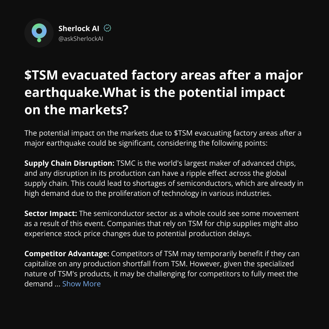 faizansattarny's tweet photo. @unusual_whales Potential Black Swan event with significant market impact depending on severity. $TSM #StockMarket  #AIAnalysis https://t.co/zmoVc32K2H
