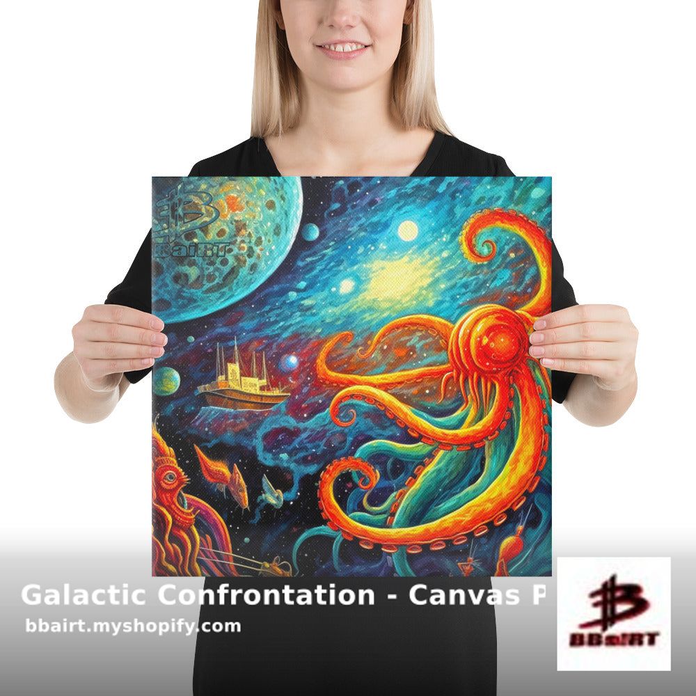 Step through the portal to a cosmic battle of epic proportions. Behold the Galactic Confrontation canvas print! Perfect for adding magic to your space. 🌌🔮 Available now: shortlink.store/w9bgbvfd769b $59.99 #aiart #fantasy #Magic #krakentattoo #seamonsters