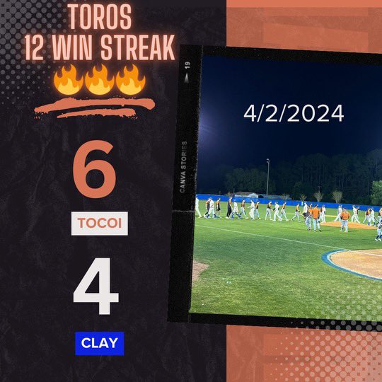 Streak hits 12 as the Toros take day a very good Clay Blue Devils 6-4 and improve to 13-2. Brayden Harris (W) 4 IP 3 ER Jack Svendsen 2 IP 1 ER Nate Wade (S) 1 IP 2 K Ben Robinson 1-2 HR. Back at it tomorrow night at First Coast at 6. @CFreemanJAX @JustinBarneyTV @BrentASJax