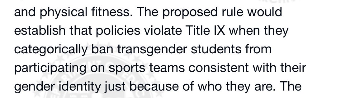 The proposed rule says that any policies that categorically set up women’s and girls’ sports would violate Title IX. Oh, they phrase it differently but that’s what it means. 2/