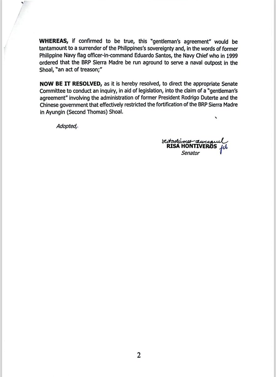 READ: Senator Risa Hontiveros wants probe on former President Rodrigo Duterte’s “gentleman’s agreement” with China. | @charieabarcaINQ