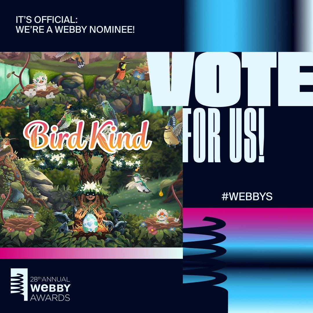 We're so excited to announce that our mobile game Bird Kind is a @TheWebbyAwards Nominee under the Independent Creator category! 🥳 ✨ Please vote for us through the link below - we're featured alongside some great games! 🦜 💖 vote.webbyawards.com/PublicVoting#/…