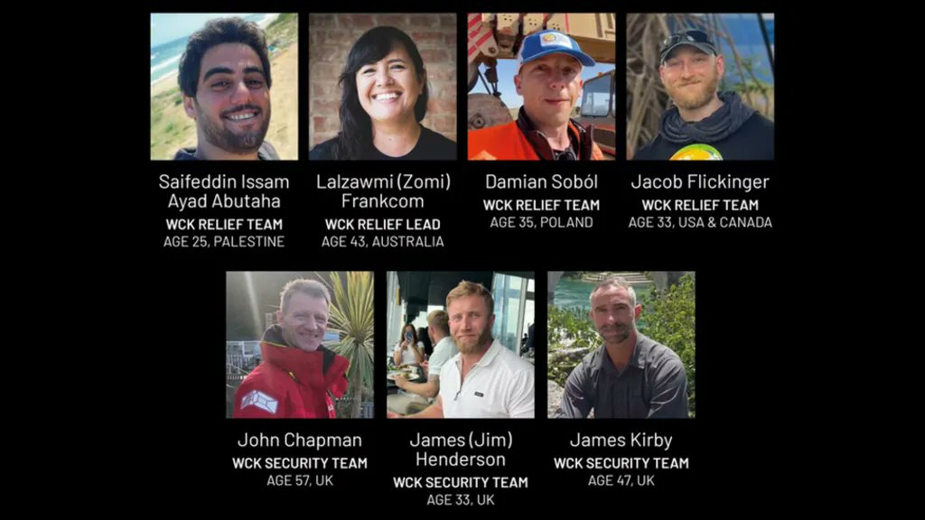#BBCNews names the #AidWorkers who were killed. #LalzawmiFrankcom '#Zomi', #Australian
#DamianSobol, #Polish 
#SaifeddinIssamAyadAbutaha, #Palestinian #JacobFlickinger, #USCanadian
& #JohnChapman, #JamesHenderson, #JamesKirby, all #British 
#RIP
#Image by #WCKitchen via BBC News.
