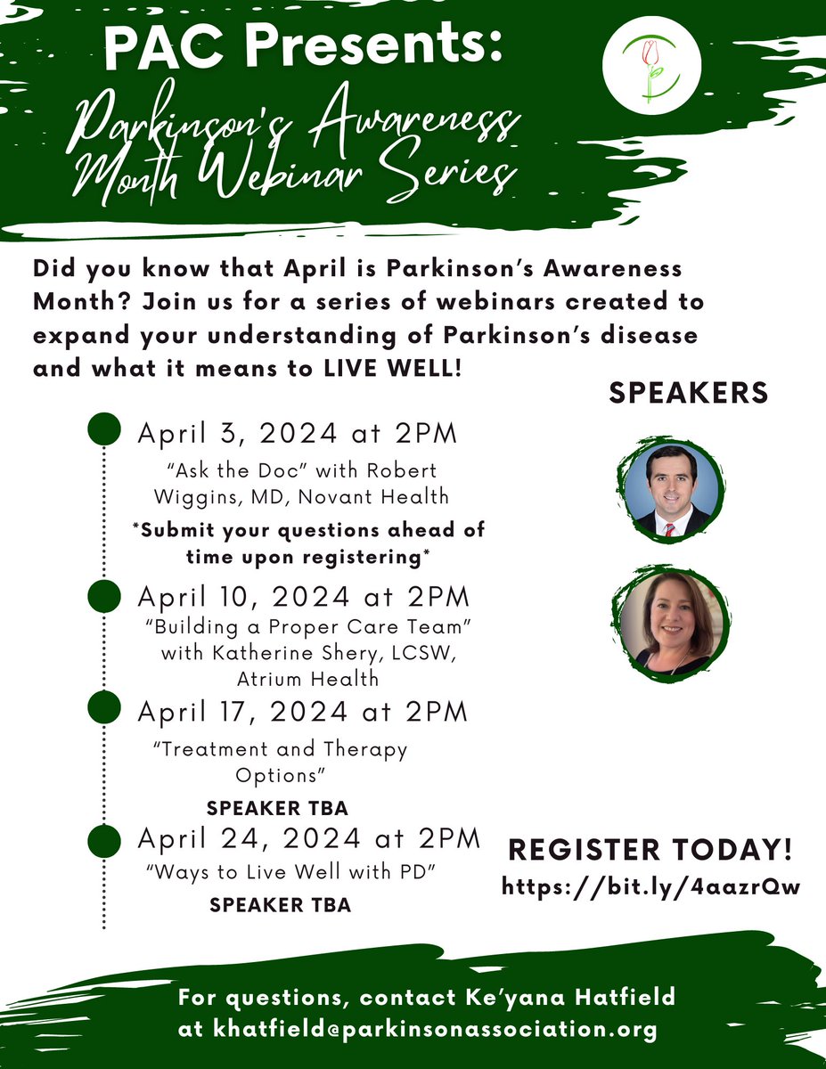 In honor of Parkinson's Awareness Month, PAC has created a webinar series to expand your understanding of Parkinson's disease and what it means to LIVE WELL! 
Join us today at 2PM for a chance to "Ask the Doc" your questions about living with PD. Register: bit.ly/4aazrQw