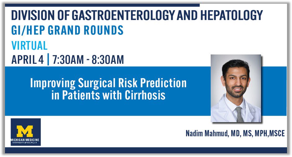 Please join us Thursday morning 7:30am ET to hear the great @nadimmahmud discuss pre operative risk assessment in cirrhosis! His work in this space has been transformative. A #livertwitter can’t miss event! umich.zoom.us/meeting/regist…