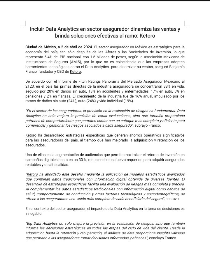 Incluir Data Analytics en sector asegurador dinamiza las ventas y brinda soluciones efectivas al ramo: Ketoro