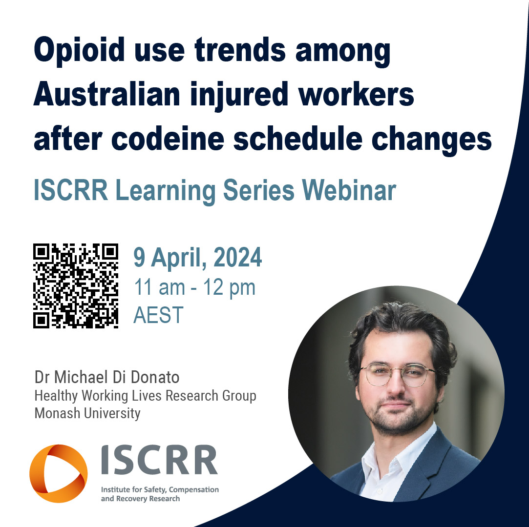 ISCRR (@iscrr) on Twitter photo Don't miss our #webinar next week featuring Dr. Michael Di Donato <a href="/michaelfdd/">Michael Di Donato</a> from <a href="/HealthyWLRG/">Healthy Working Lives Research Group</a> as he discusses his #research on the impact of Australia's 2018 codeine policy change on #opioid use among #injuredworkers. Register today: trybooking.com/events/landing… Don't miss our #webinar next week featuring Dr. Michael Di Donato <a href="/michaelfdd/">Michael Di Donato</a> from <a href="/HealthyWLRG/">Healthy Working Lives Research Group</a> as he discusses his #research on the impact of Australia's 2018 codeine policy change on #opioid use among #injuredworkers. Register today: trybooking.com/events/landing…