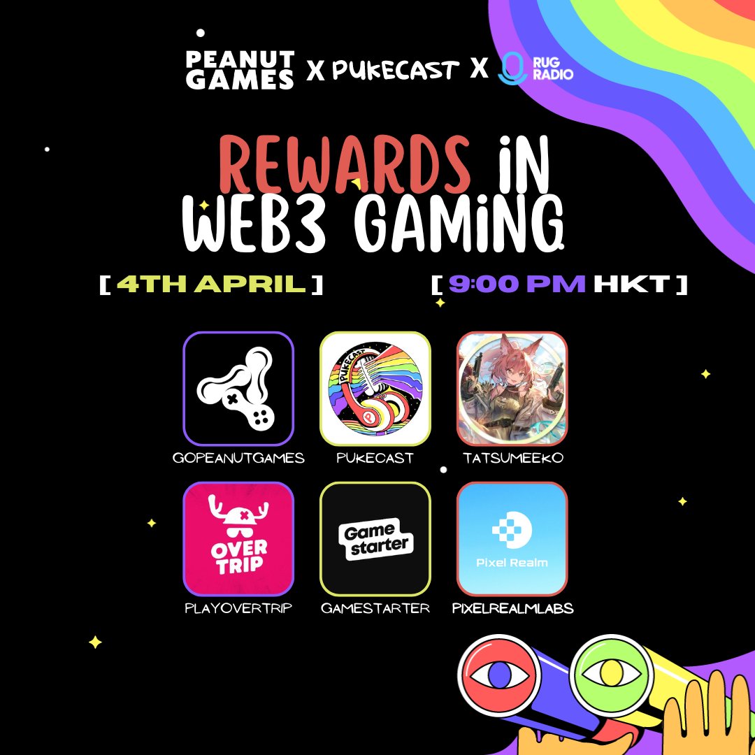 Join us on the hottest WEB3 Gaming Discussion! Good takes, bad takes we welcome all! Rewards In Web3 Gaming💰 🗓️4th April ⏲️9pm HKT / 9am EST Speakers: @GoPeanutGames @tatsumeeko @PlayOverTrip @gamestarter @PixelRealmlabs ✅Set Reminder👇
