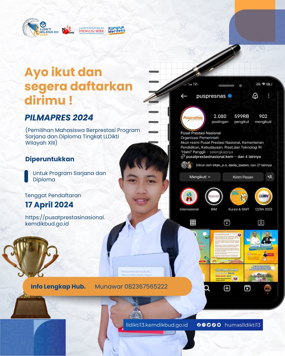 HumasLLDIKTI13's tweet photo. Halo Rakan!!.👋🏻

Pendaftaran Pemilihan Mahasiswa Berprestasi (PILMAPRES) telah dibuka! 🏆

Link pendaftaran https://t.co/eBrICtZdt4

Unduh buku panduan PILMAPRES 2024 melalui laman: https://t.co/iwx8wPdyyn

#LLDiktiXIII
#MerdekaBelajar #MerdekaBerprestasi https://t.co/POJQNebE1V