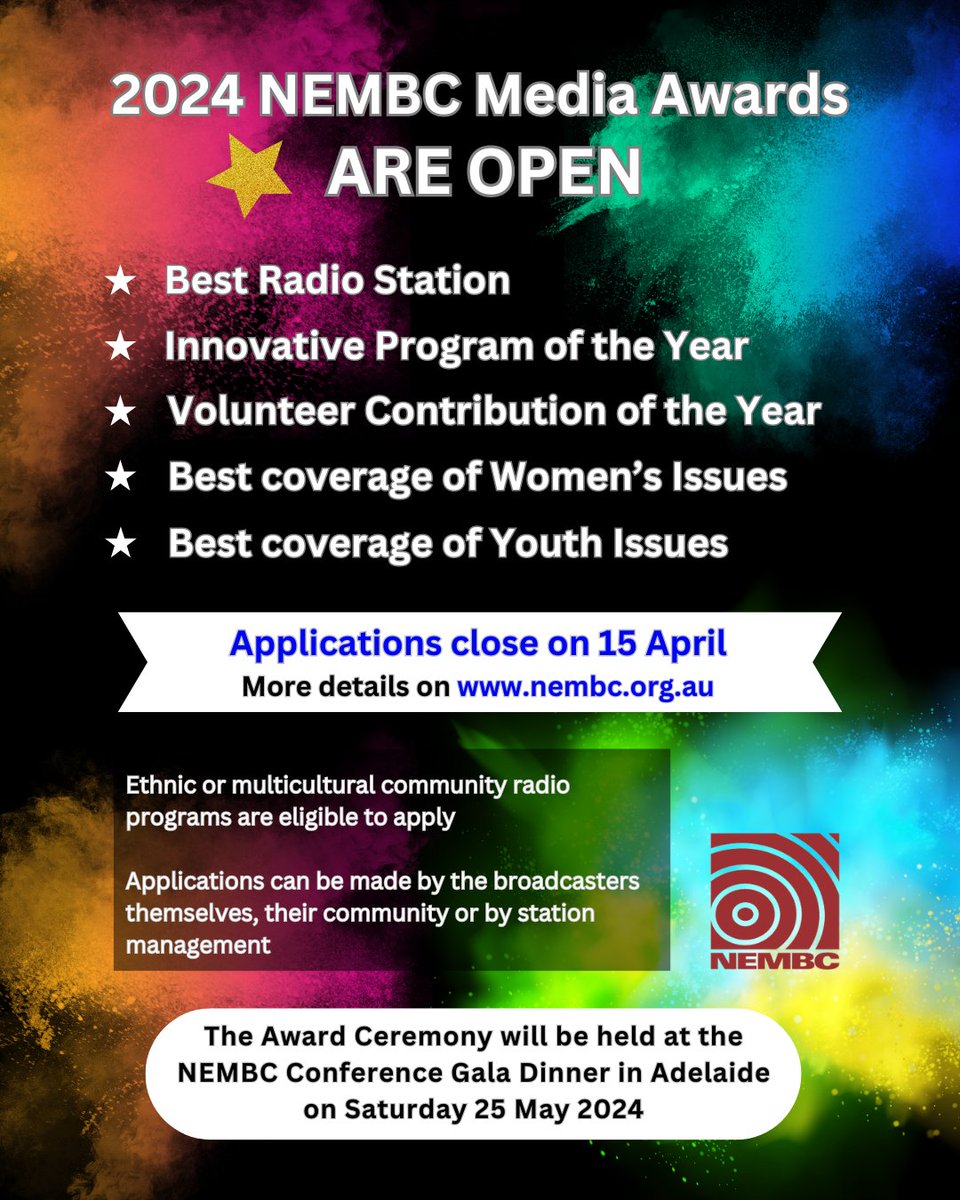 🎉🏆Only 12 days left to close the nominations for the 2024 NEMBC Media Awards! 🎤📻 Find more information here: nembc.org.au/events/2024-ne…