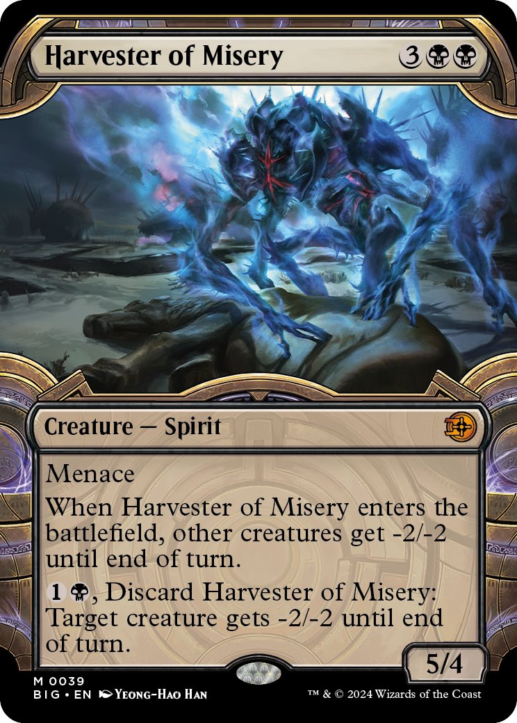 My OTJ preview card is Harvester of Misery, a menacing 5-mana board wipe on a stick, OR 2-mana spot removal in a pinch. Don't mind me while I put this straight into my Massacre Girl, Known Killer deck! 💀 Thank you WotC for the sweet preview! #MTGThunder #MTGOTJ #MTG