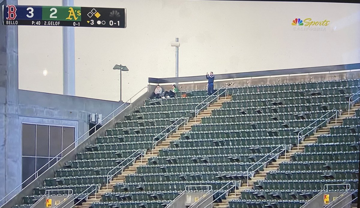 Shoutout to these 3 dudes just chilling at the very top of the outfield nosebleeds in Oakland. There are quite literally 50,000 better seats that are open and they could move to.