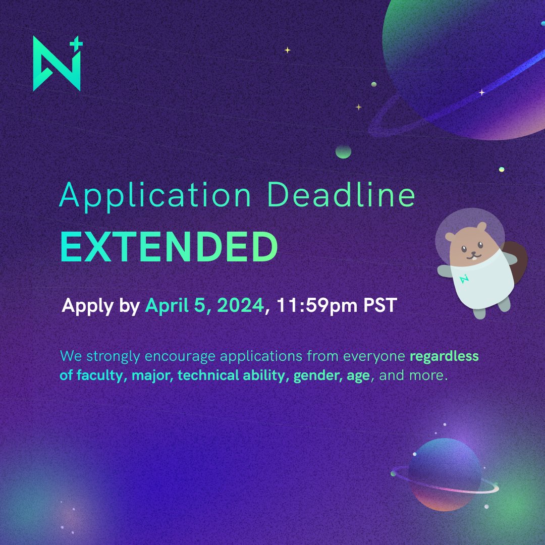 We want 🫵YOU🫵 to join the team -

so we’re pleased to announce that we’ve extended the deadline for applications to April 5, 2024 at 11:59pm PST! Don’t miss out - get those applications in! 🫶

For more info: tinyurl.com/nwPlus-Hiring-…… Apply now: tinyurl.com/nwPlusSpring24……