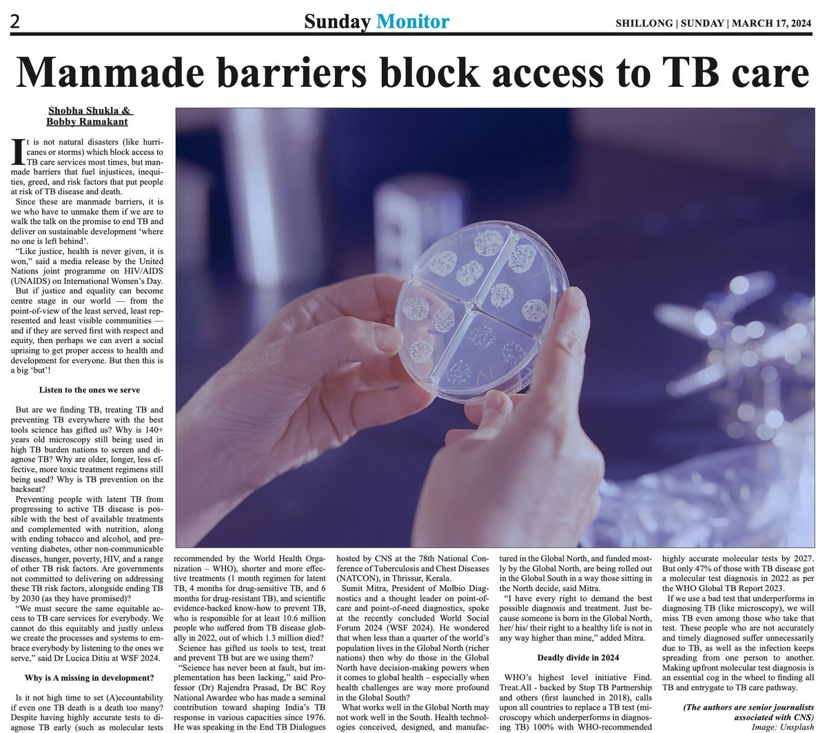 ✅It is not natural disasters (like hurricanes or storms) which block access to TB care services most times, but MANMADE BARRIERS

UNMAKE THEM

✅Meghalaya Monitor
meghalayamonitor.com/sunday-monitor…

✅CNS
citizen-news.org/2024/03/it-is-…

#endTB #ItsTimeForAChange #YesWeCanEndTB #findallTB #WHD2024
